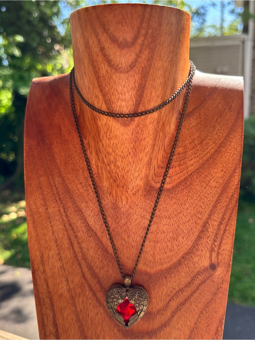Hot Topic Bronze Heart Necklace with Red Gem
